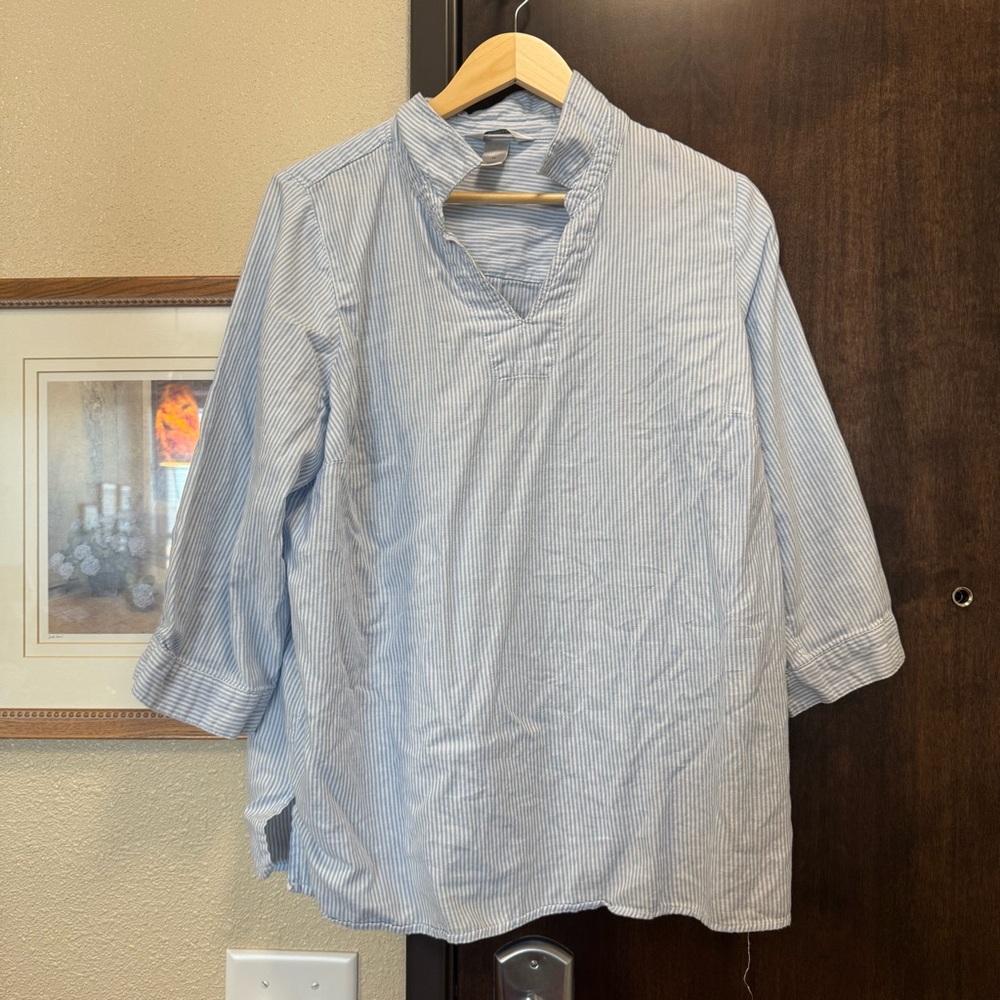 100% Cotton Coastal Grandma Striped Blue and White Collared Top